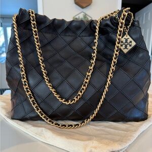 Tory Burch Fleming Black Shoulder Bag with Gold Chain